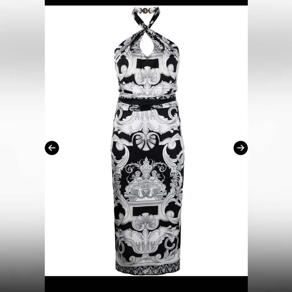 Versace Black and White Strapless Baroque Halter Dress